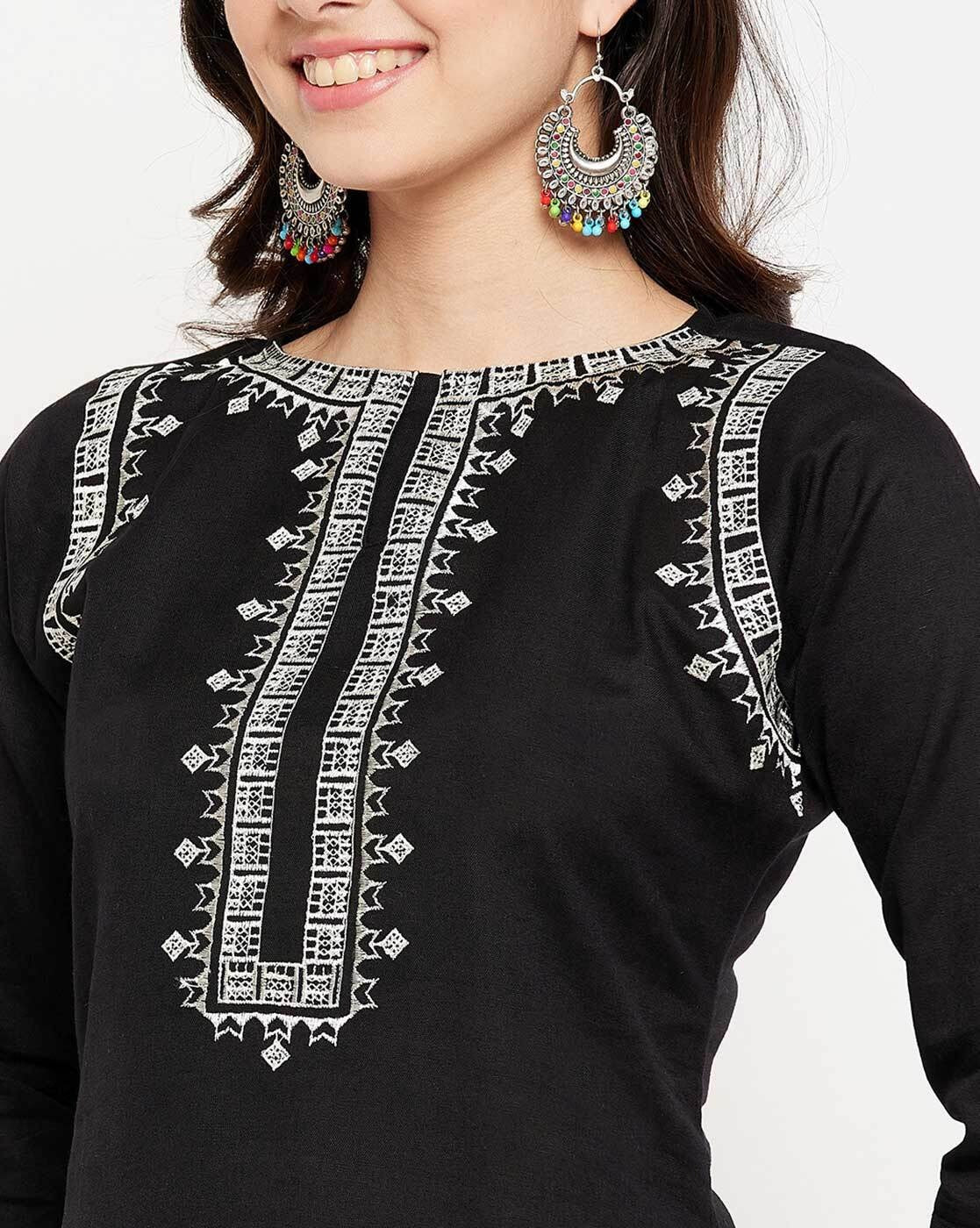 Black Kurta with White Geometric Embroidery