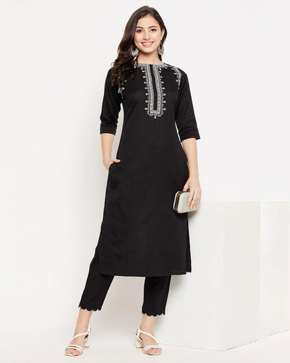 Black Kurta with White Geometric Embroidery