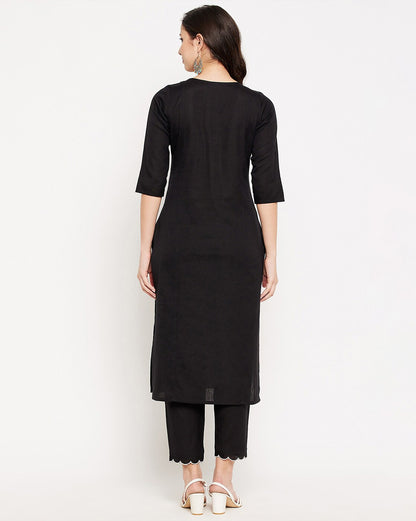 Black Kurta with White Geometric Embroidery