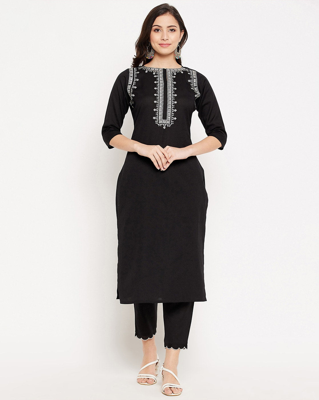 Black Kurta with White Geometric Embroidery