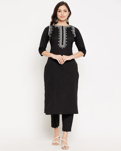 Black Kurta with White Geometric Embroidery