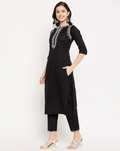 Black Kurta with White Geometric Embroidery