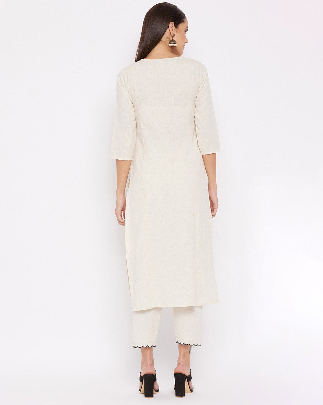 Off-White Kurta Fabric with Black Geometric Embroidery