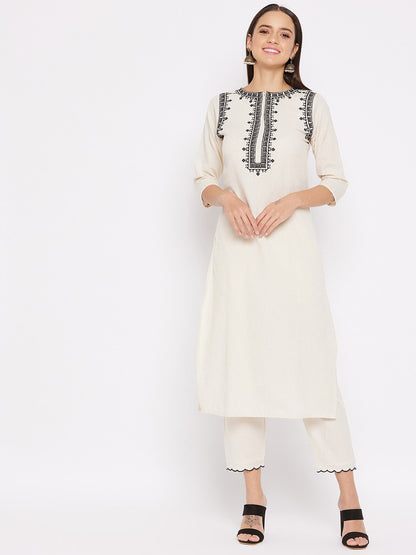 Off-White Kurta Fabric with Black Geometric Embroidery