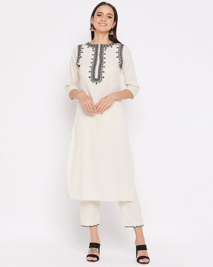 Off-White Kurta Fabric with Black Geometric Embroidery