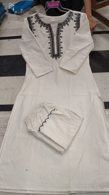 Off-White Kurta Fabric with Black Geometric Embroidery