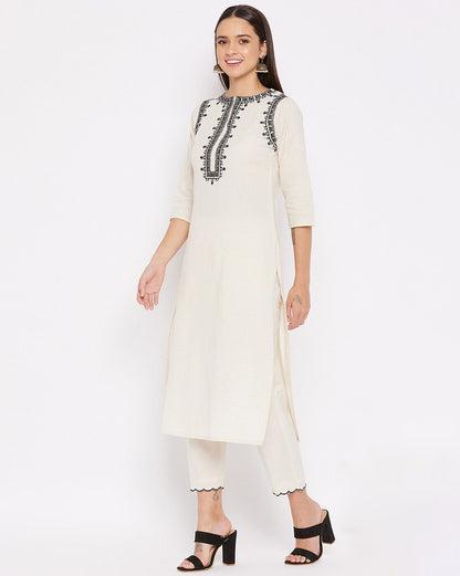 Off-White Kurta Fabric with Black Geometric Embroidery