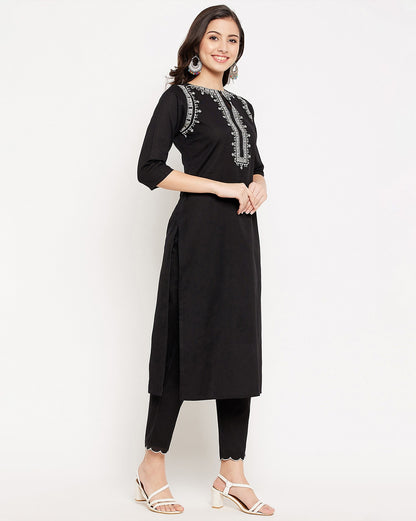Black Kurta with White Geometric Embroidery