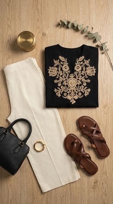 Black Embroidery cotton kurta set with Plazzo pants