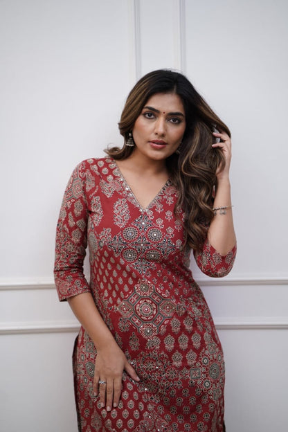 Pathani Red Straight Kurta Set