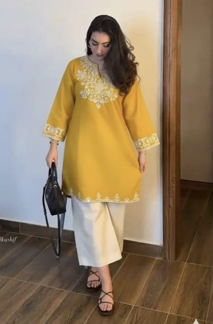 Yellow Cotton Embroidered Kurta Set with Palazzo Pants