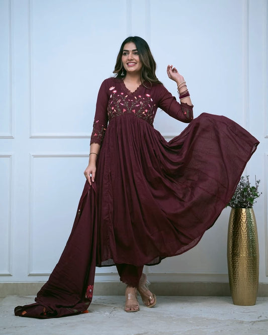 Marroon Elegant Embroidered Anarkali kurta set with dupatta