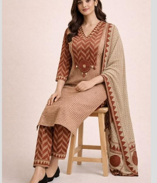 Beige Rust A-Line kurta with dupatta set