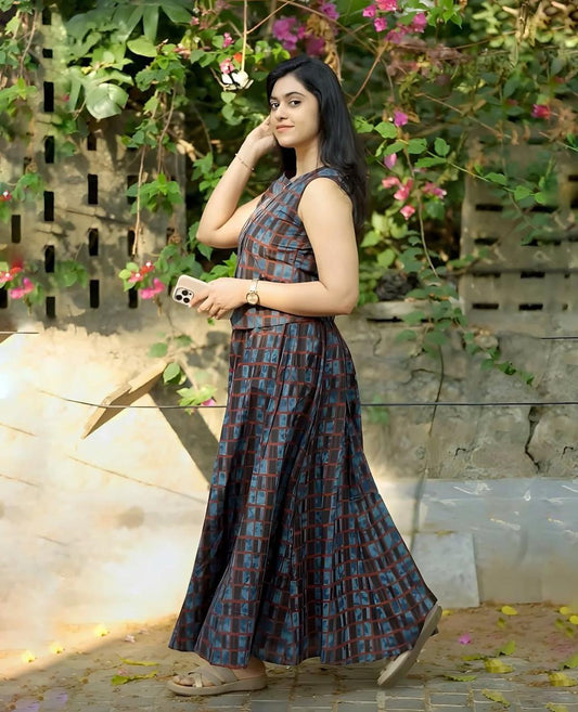 Women's Navy Blue Cotton Top with Floral Long Skirt