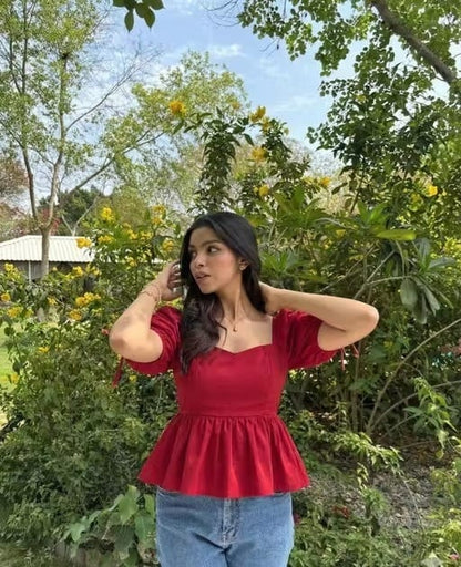 Red Cotton Square Neck Peplum Top with Puff Sleeves