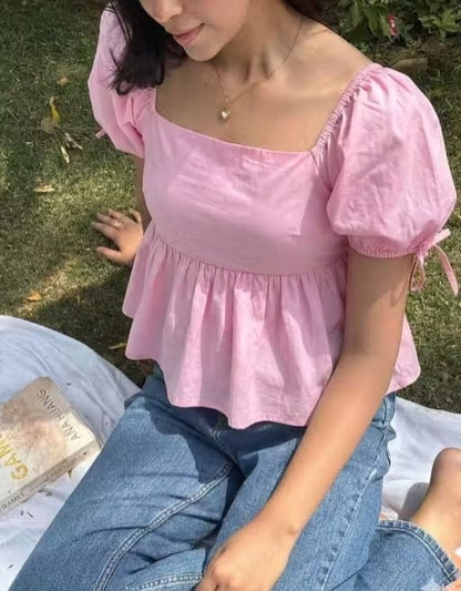 Pink Cotton Square Neck Peplum Top with Puff Sleeves