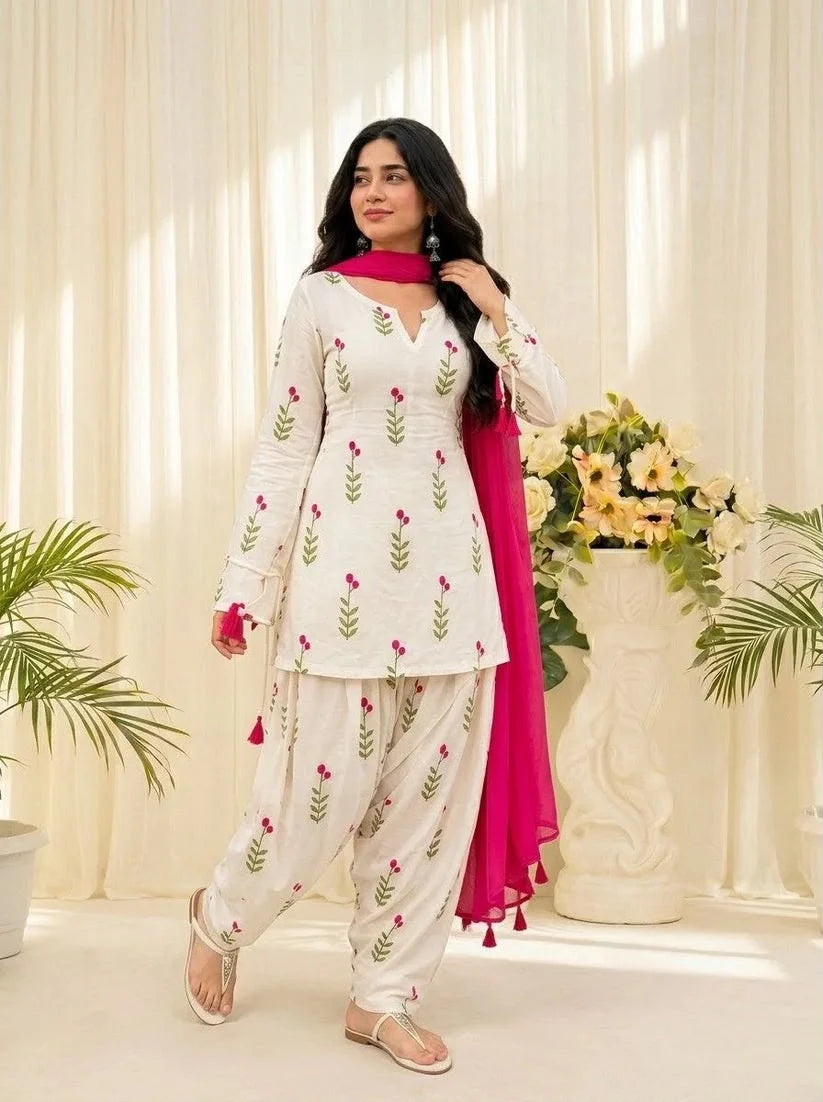 White Floral Printed Kurta Salwar Set with Pink Dupatta