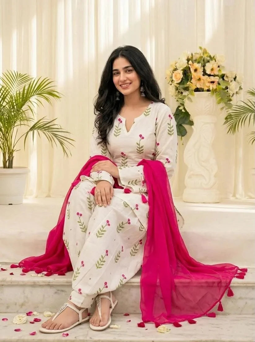 White Floral Printed Kurta Salwar Set with Pink Dupatta