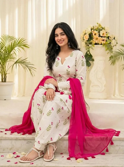White Floral Printed Kurta Salwar Set with Pink Dupatta