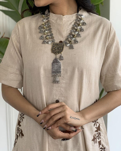 Beige Button-Down Pocket Embroidered Kurta Palazzo Set