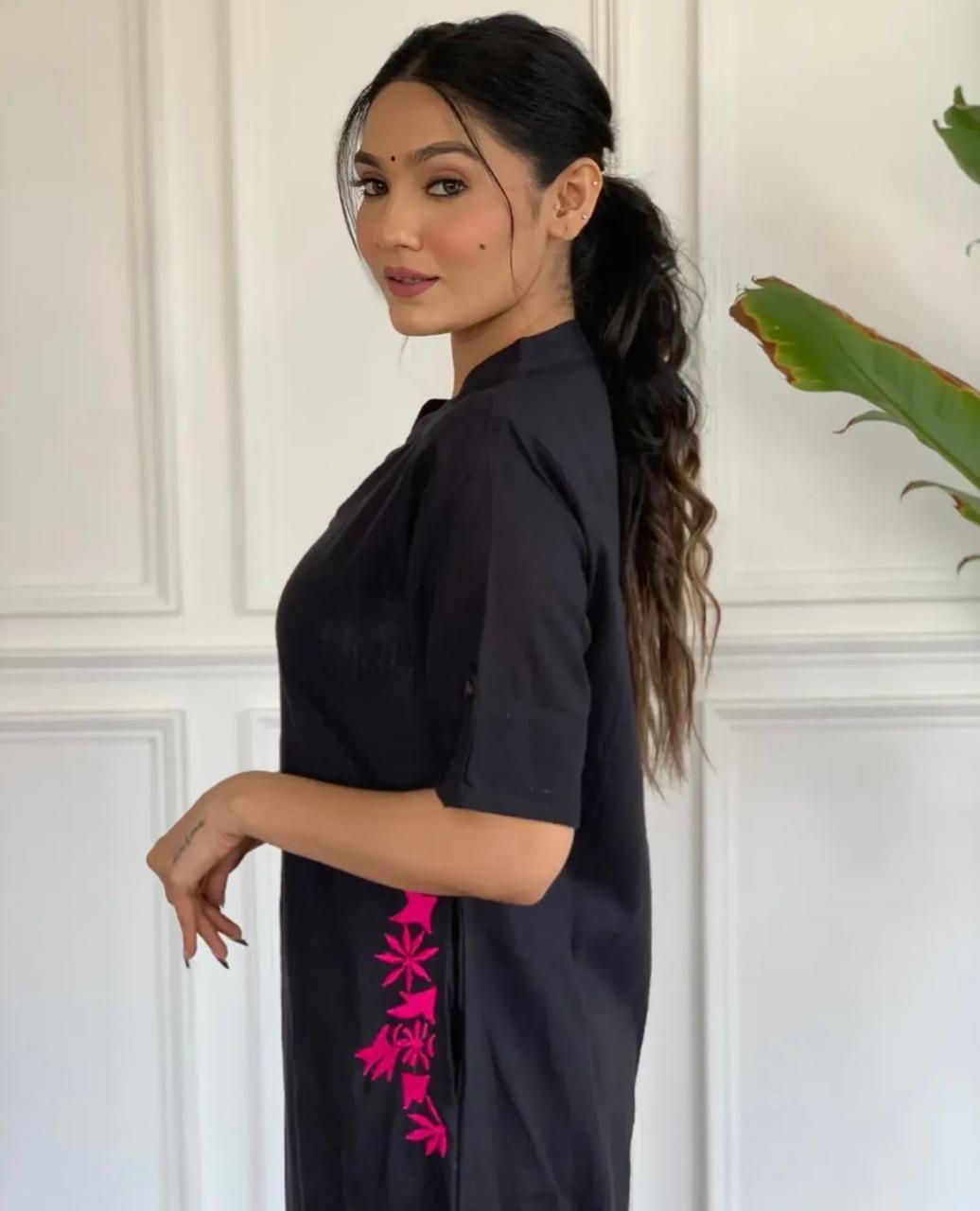 Black Button-Down Pocket Embroidered Kurta Palazzo Set
