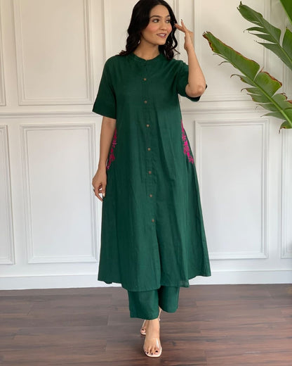 Green Button-Down Pocket Embroidered Kurta Palazzo Set