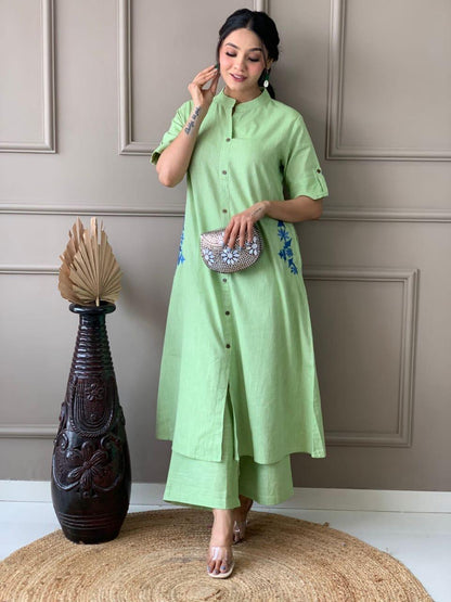 Mint Green Button-Down Pocket Embroidered Kurta Palazzo Set