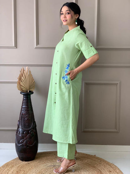 Mint Green Button-Down Pocket Embroidered Kurta Palazzo Set