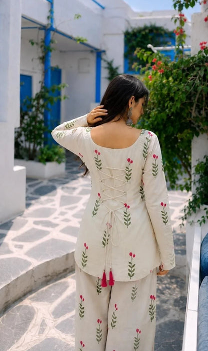 White Floral Printed Kurta Salwar Set with Pink Dupatta