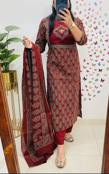Cotton sequence embroided Printed 3pc set