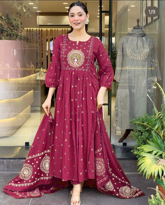 Berry Embroidered Peacock Anarkali set