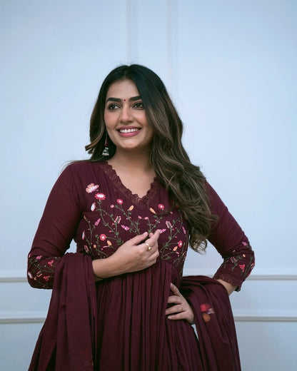 Marroon Elegant Embroidered Anarkali kurta set with dupatta