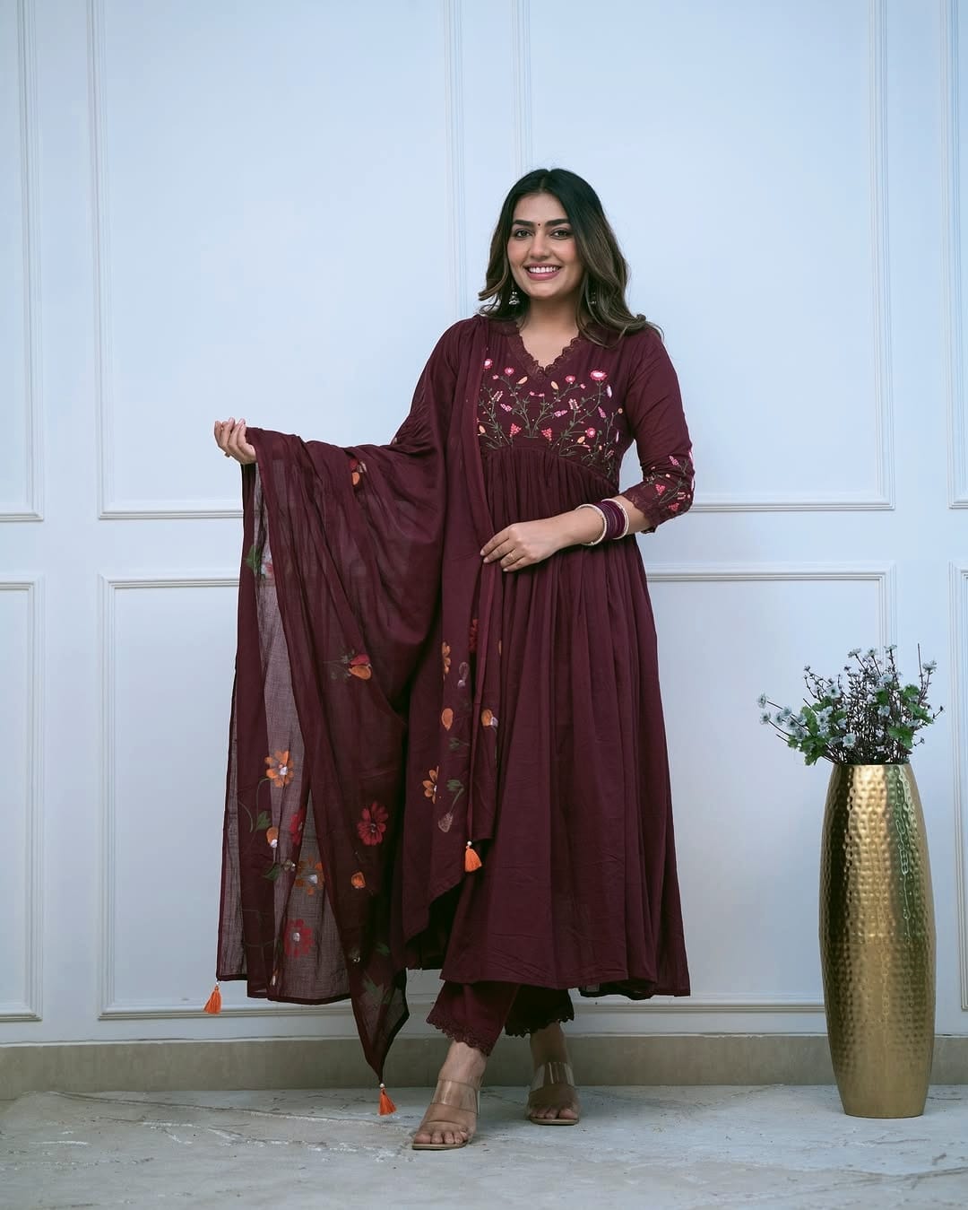 Marroon Elegant Embroidered Anarkali kurta set with dupatta