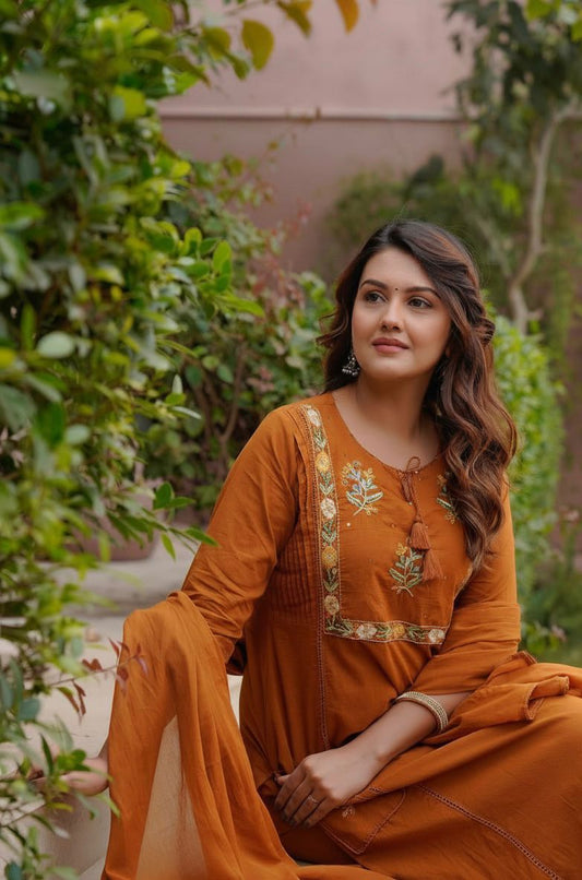 Elegant rust cotton embroidery dupatta set