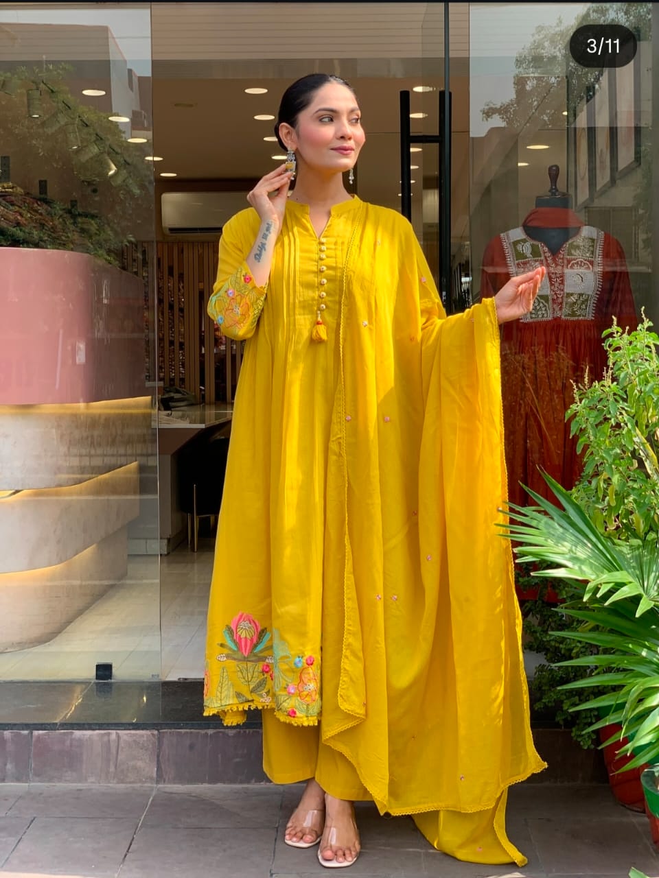 Women Yellow Floral Embroidered Pleated Thread Work kurta &. Dupatta set