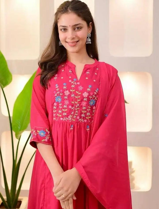 Fuchsia Embroidered Empire Thread Work Kurta with Trousers & Dupatta