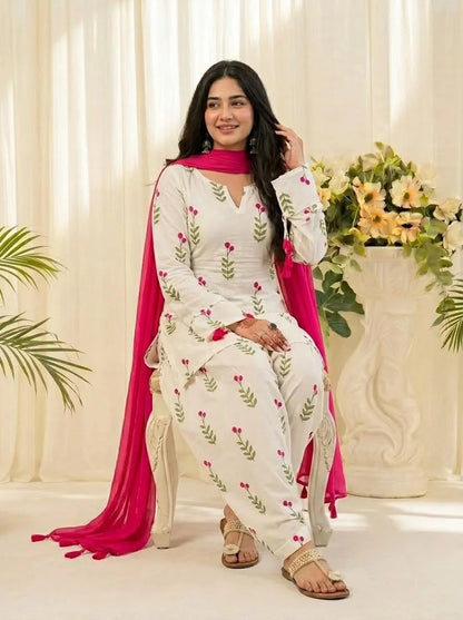 White Floral Printed Kurta Salwar Set with Pink Dupatta
