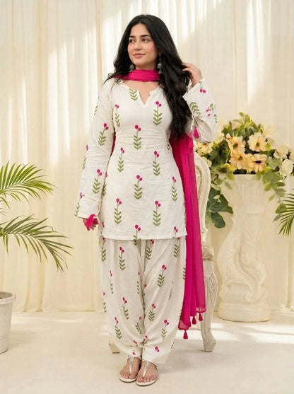 White Floral Printed Kurta Salwar Set with Pink Dupatta