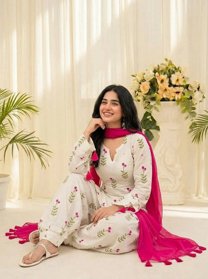 White Floral Printed Kurta Salwar Set with Pink Dupatta