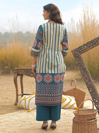 Teal Blue Printed Kurta Set with Dupatta