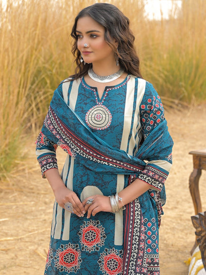 Teal Blue Printed Kurta Set with Dupatta