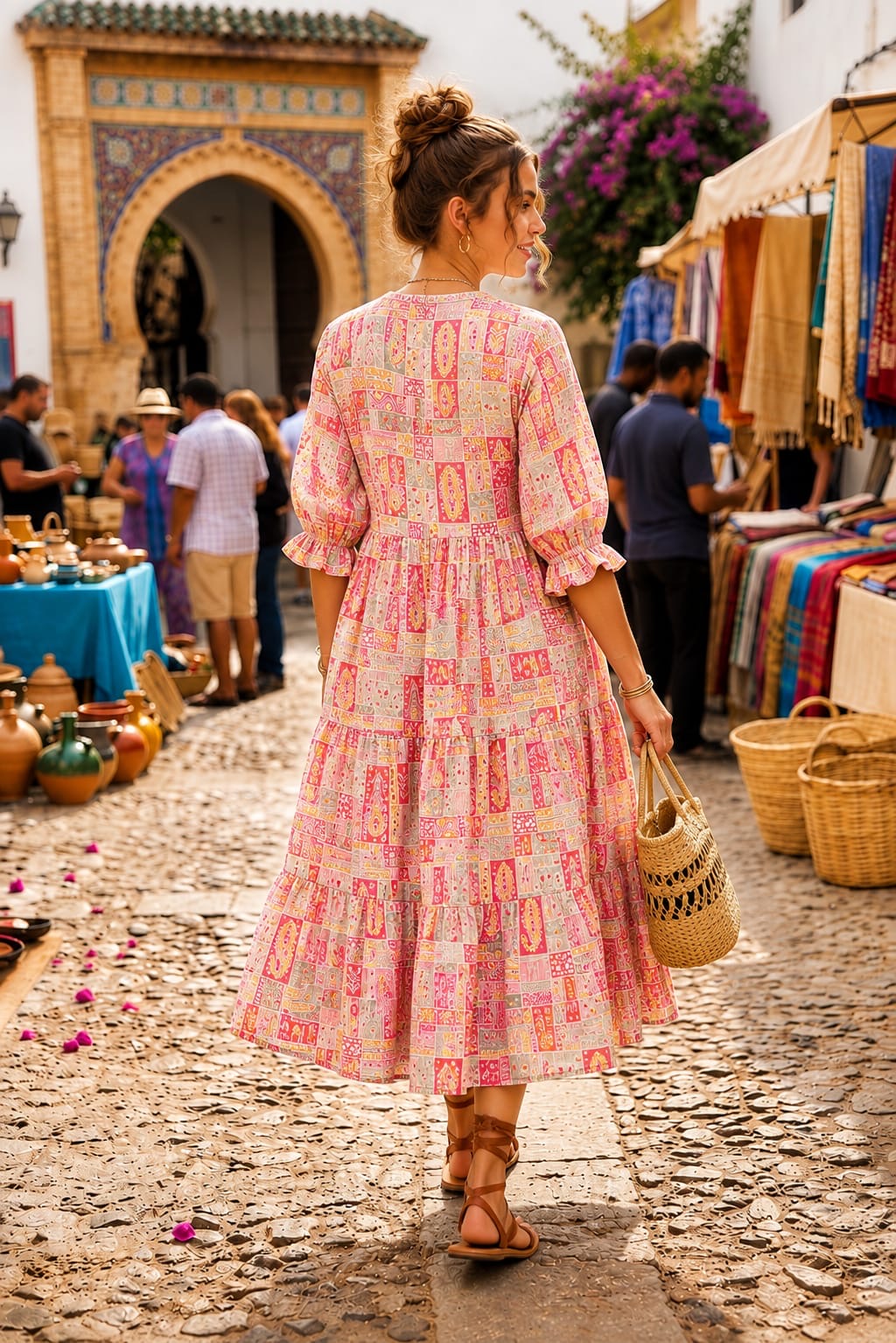Pink Patchwork Printed Tiered Midi Dress
