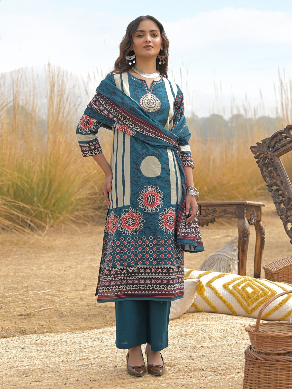 Teal Blue Printed Kurta Set with Dupatta