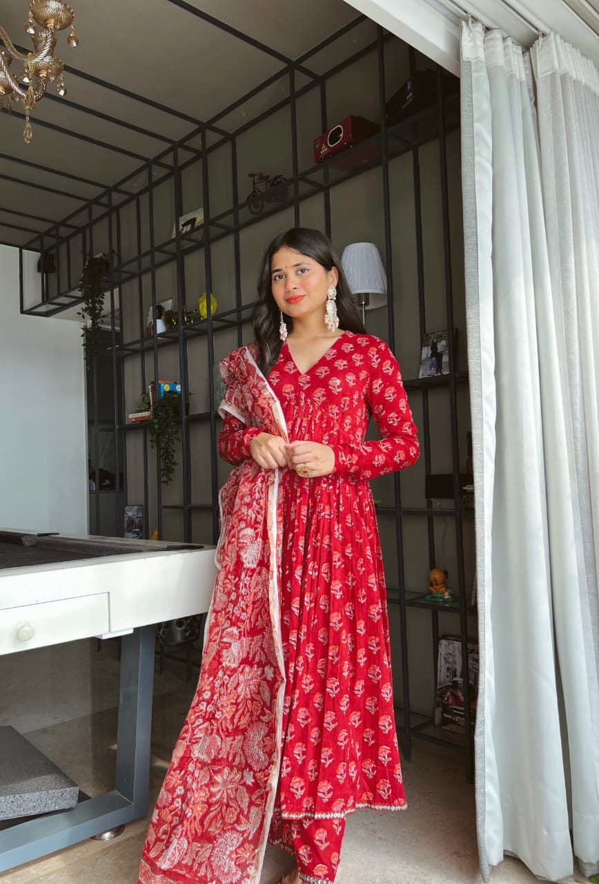 Elegant Red Printed Anarkali Dress