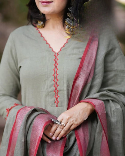 Sage Green Printed Kurta Set with Pink Dupatta
