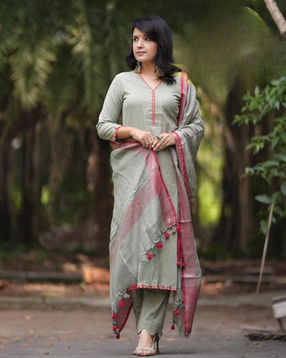 Sage Green Printed Kurta Set with Pink Dupatta